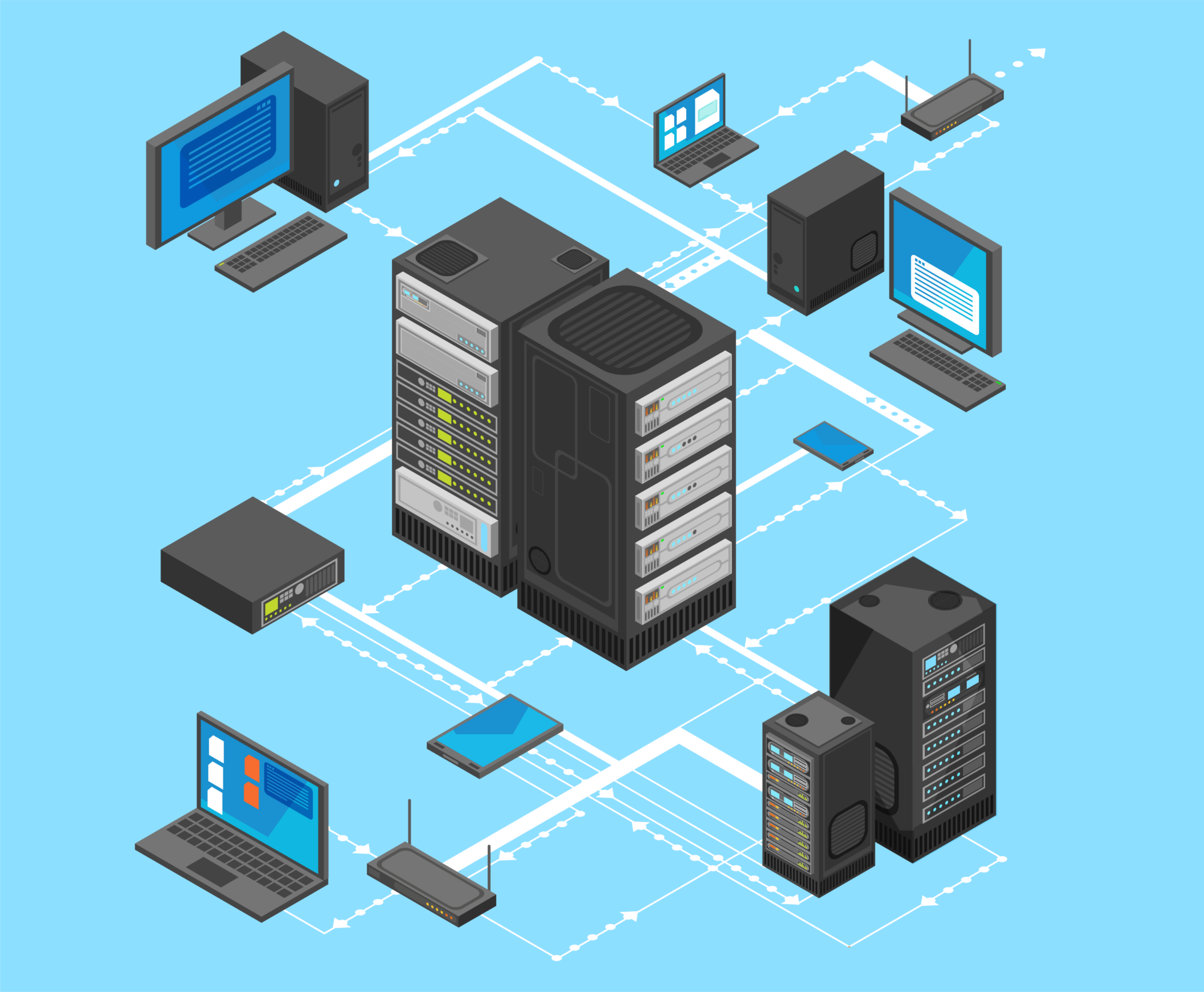 Computer network graphic portraying desktops and laptops connected to servers, ports, routers, etc.